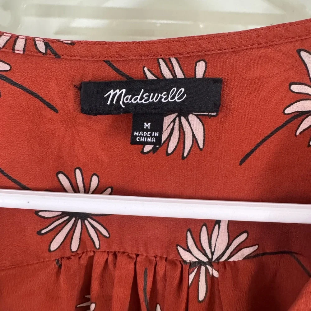 Madewell Silk Tie Front Wrap Blouse Top Medium Rust Orange Floral 3/4 Sleeve - Picture 5 of 7